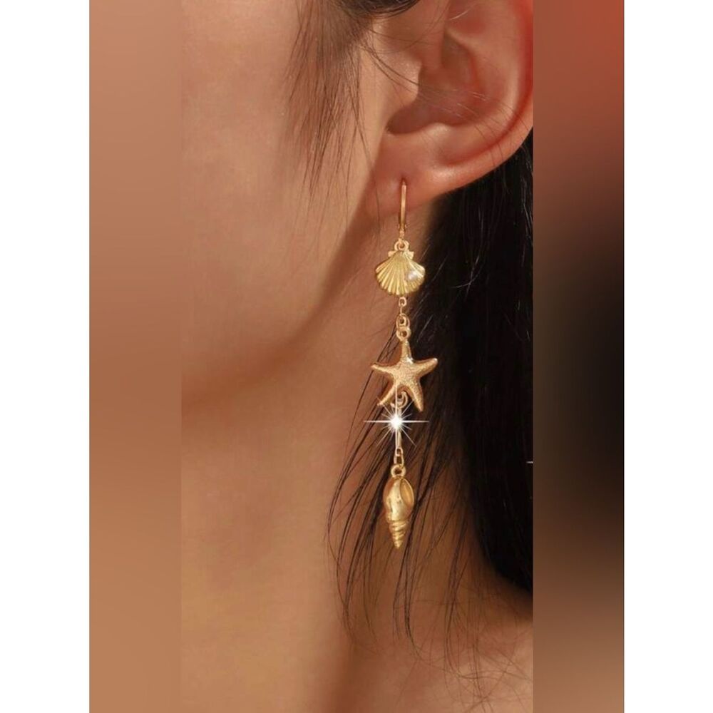 Gold Sea Charm Drop hoop M749 - Picture 2 of 3
